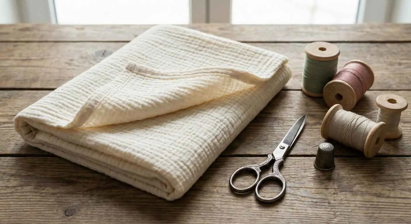 Akcesoria krawieckie i materiał muślinowy do szycia wyprawki